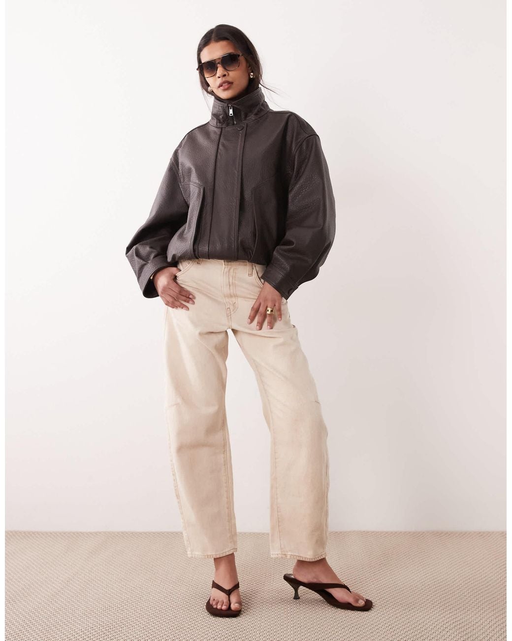 Mango Brown Capsule 100% Leather Funnel Neck Jacket