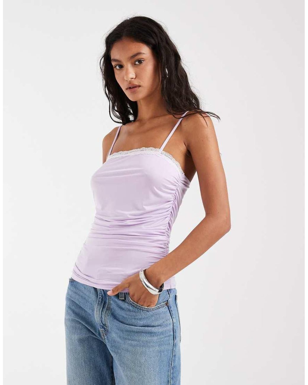 ASOS Blue Lace Trim Cami With Ruched Waist