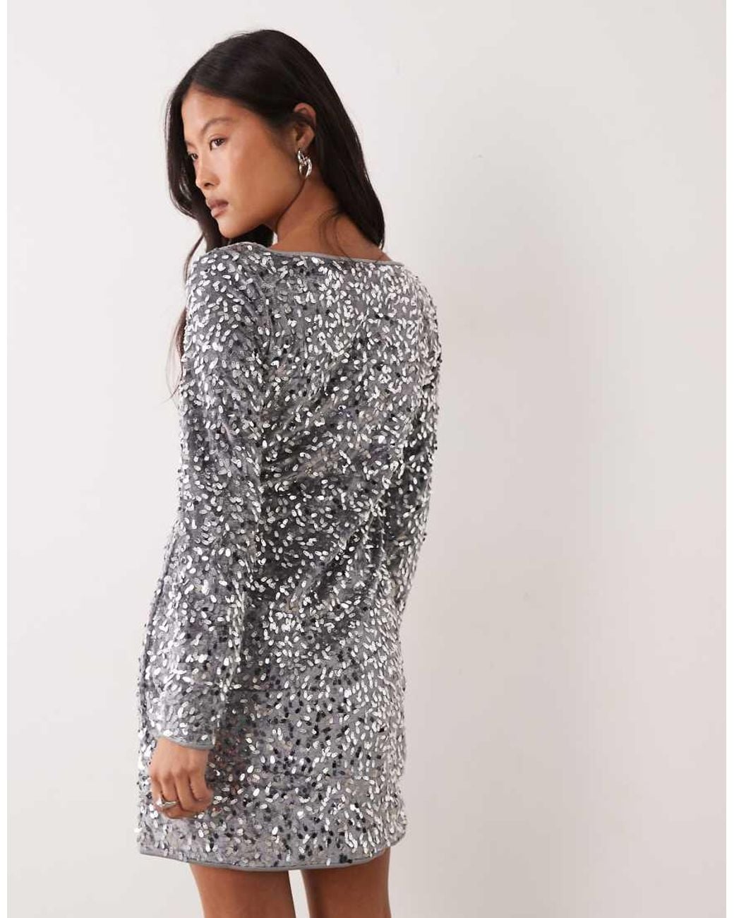 Vero Moda Gray Long Sleeve Boatneck Sequin Midi Dress