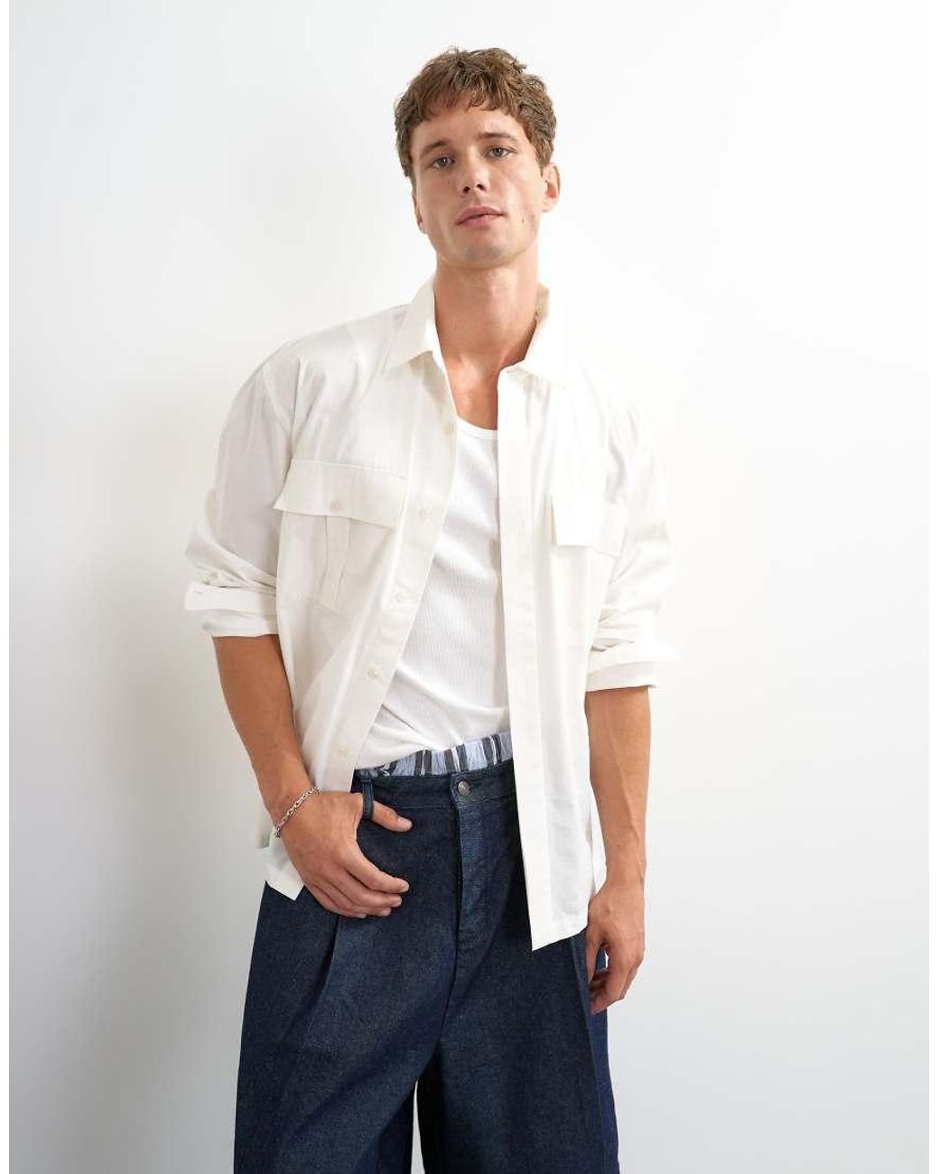 Topman White Relaxed Fit Poplin Utility Shirt for men