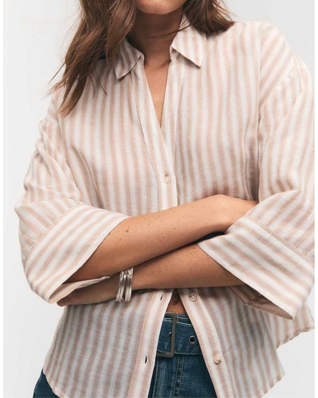 Stradivarius White Linen-effect Kimono Sleeve Shirt