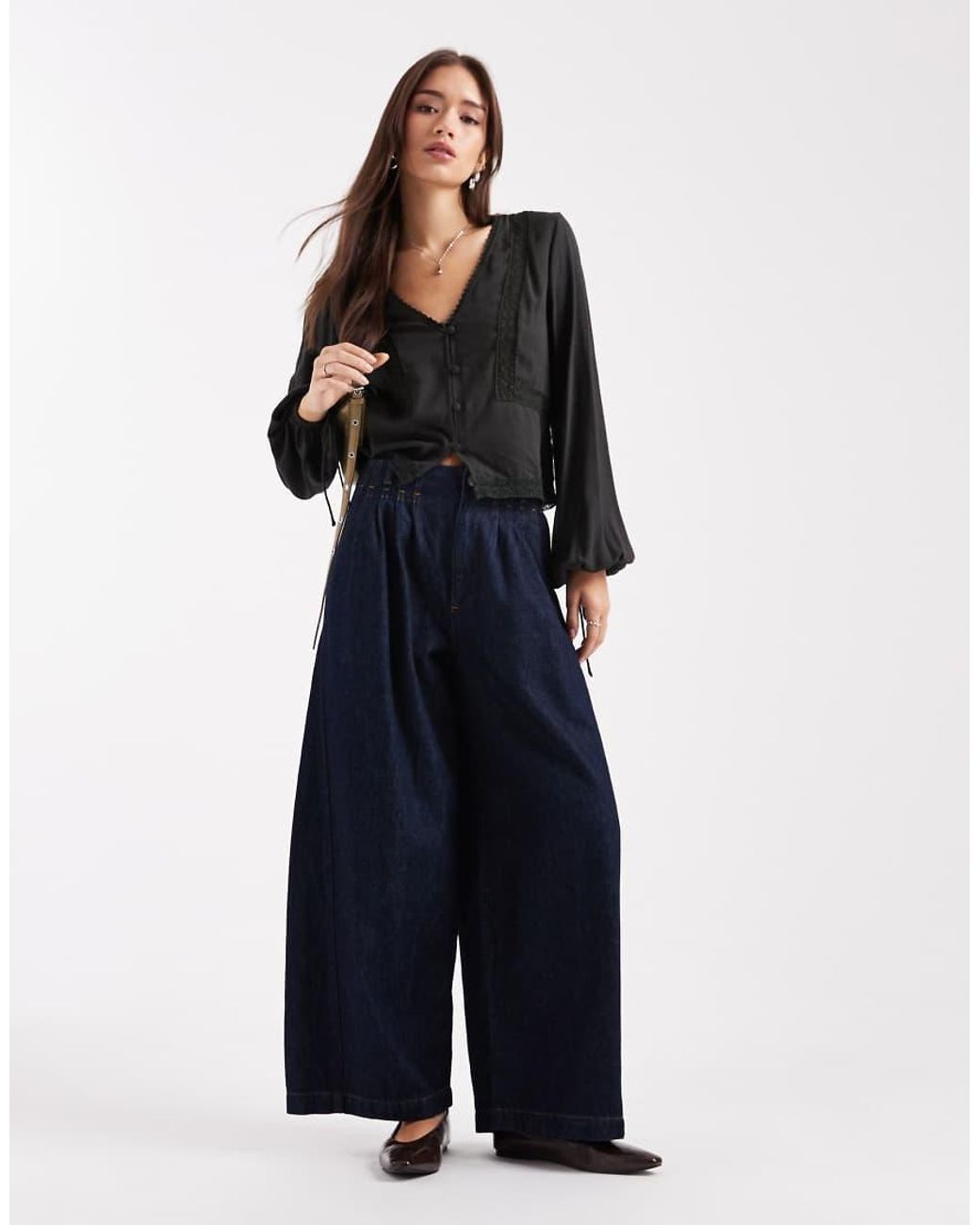 ASOS Black Textured Long Sleeve Lace Insert Blouse