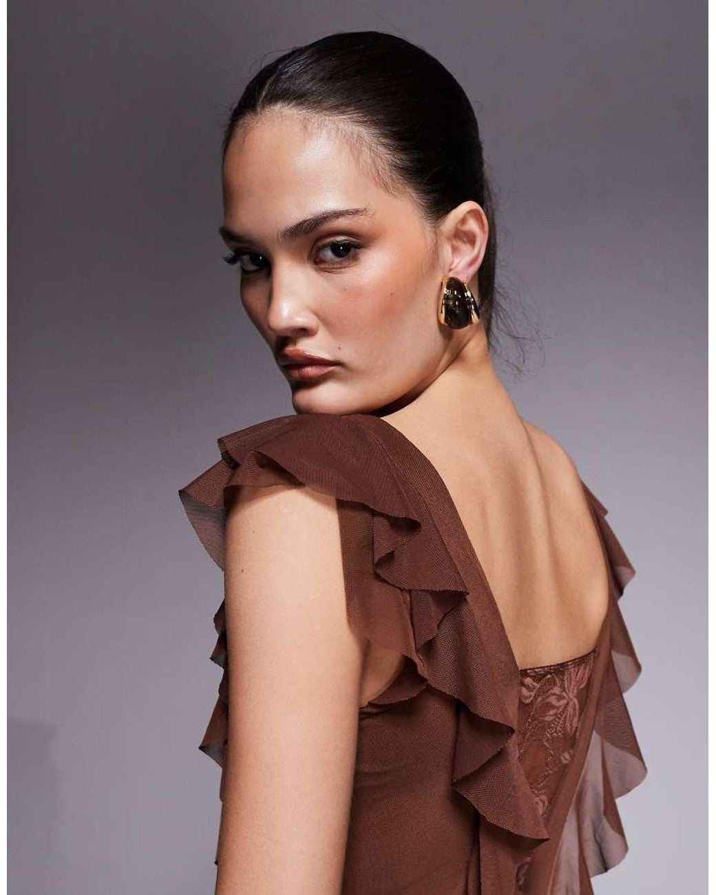 AFRM Brown Trista Lace Insert Ruffle Maxi Dress