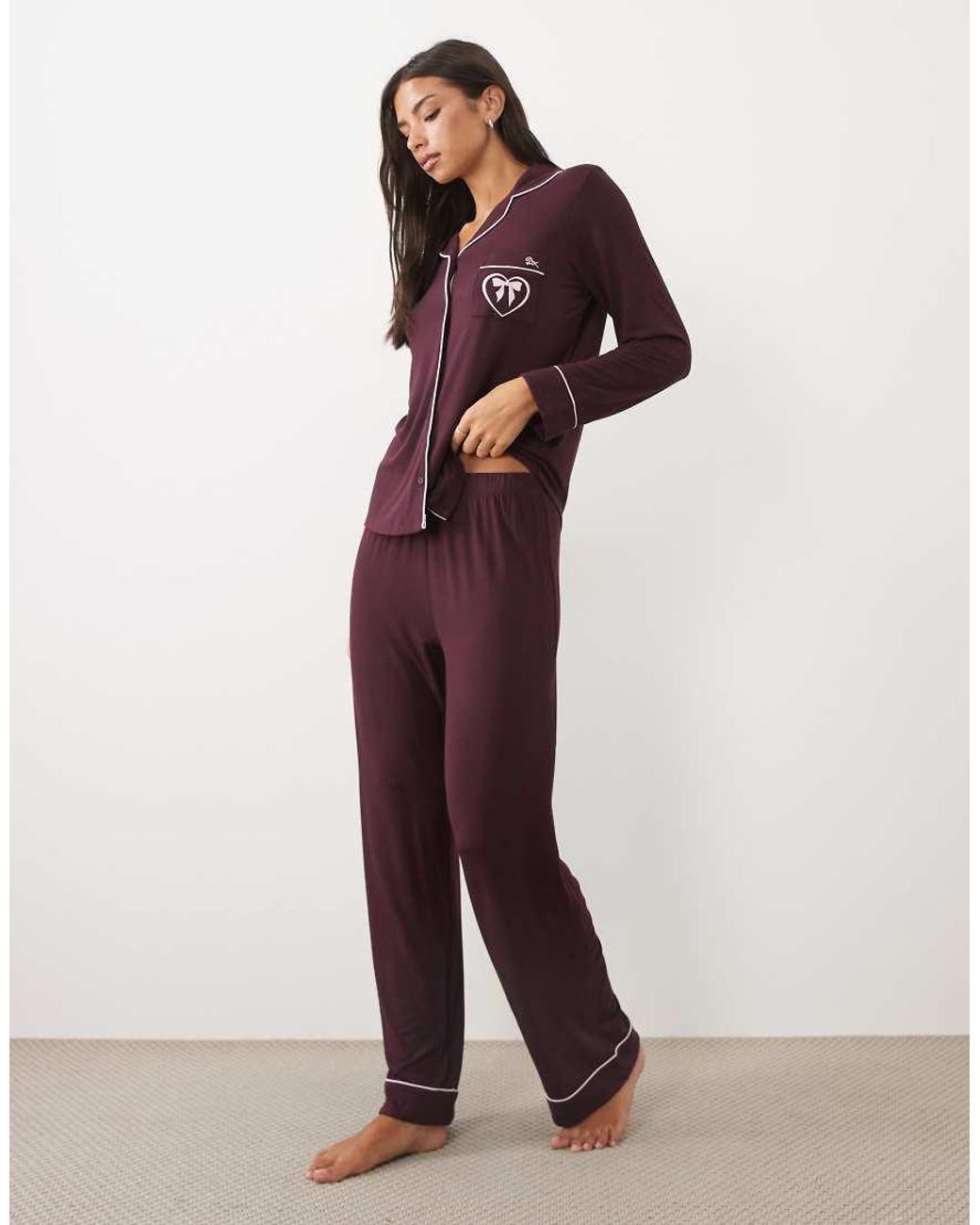 Boux Avenue Brown Modal Contrast Trim Revere Pyjama Set