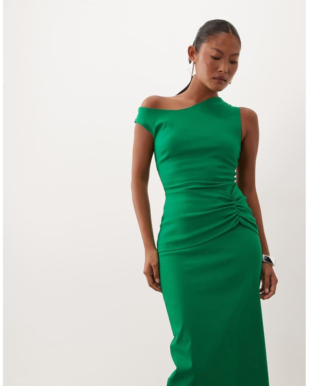 Vesper Green Petite Bengaline Off Shoulder Ruched Front Maxi Dress