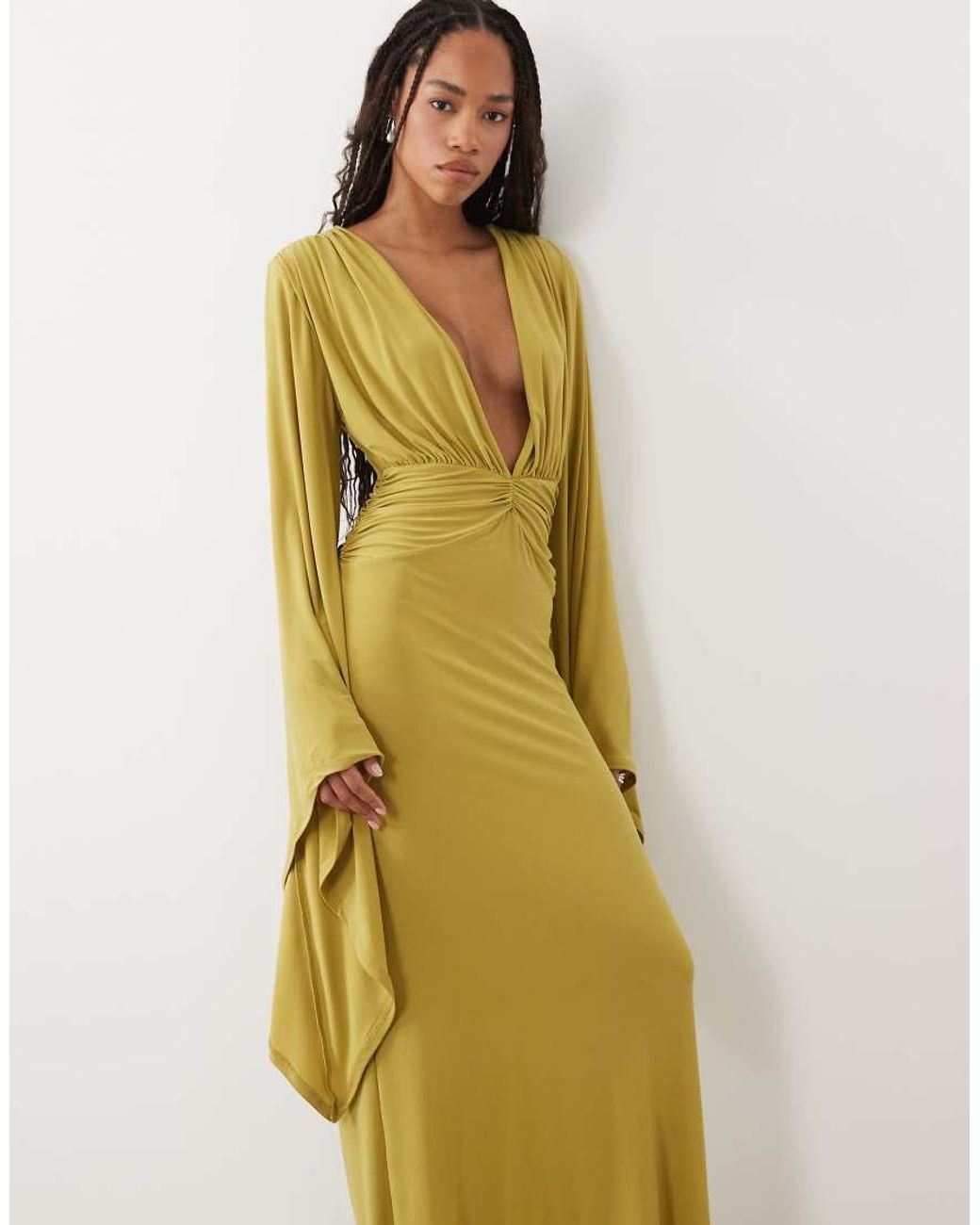 ASOS Yellow Batwing Slinky Maxi Dress With Plunge Neckline
