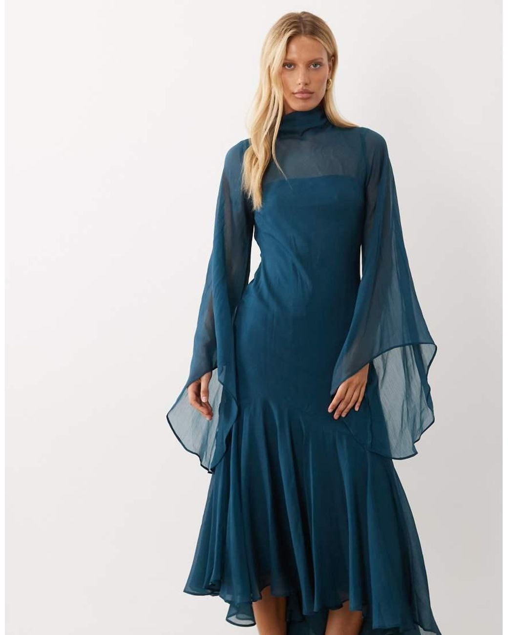 ASOS Blue Flute Sleeve Maxi Dress With Asymmetric Ruffle Hem