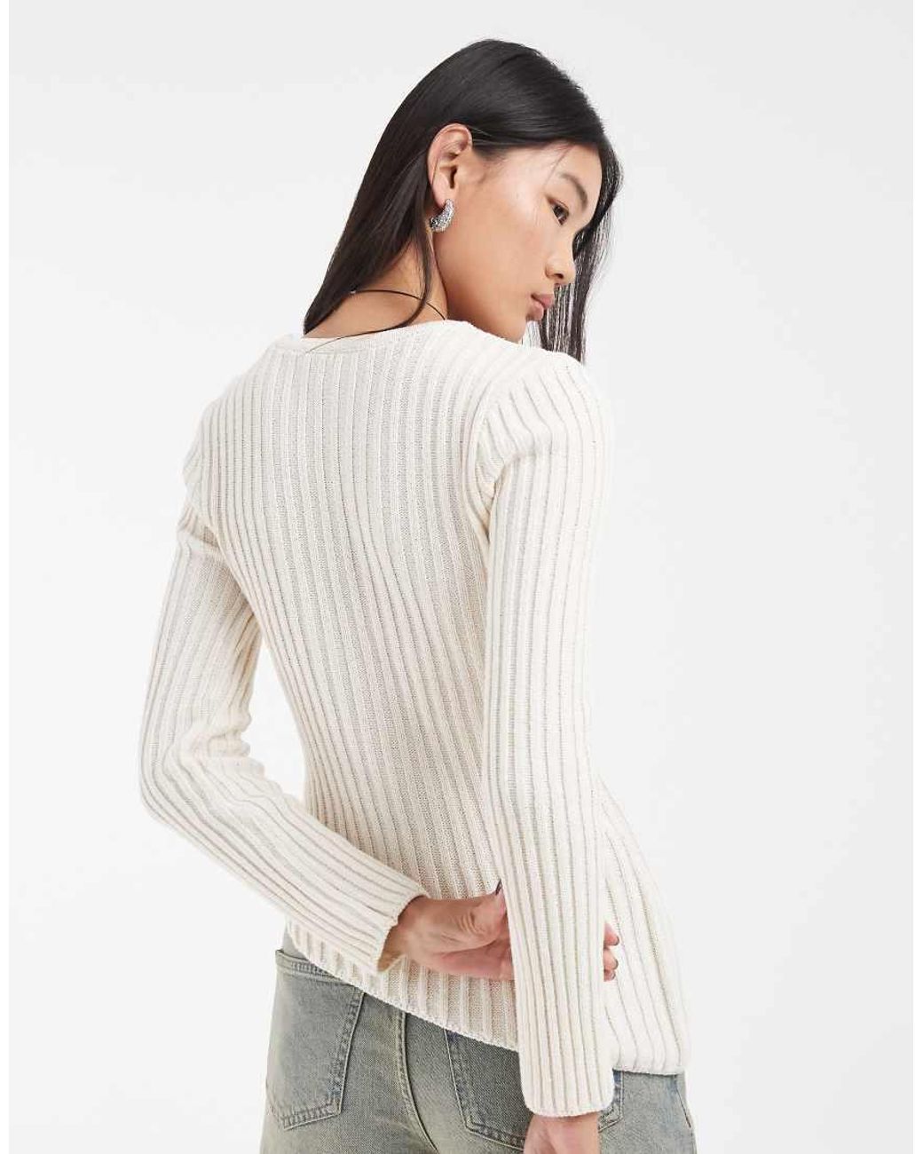 ASOS White Knitted Long Sleeve Ribbed Top With Asymmetric Hem