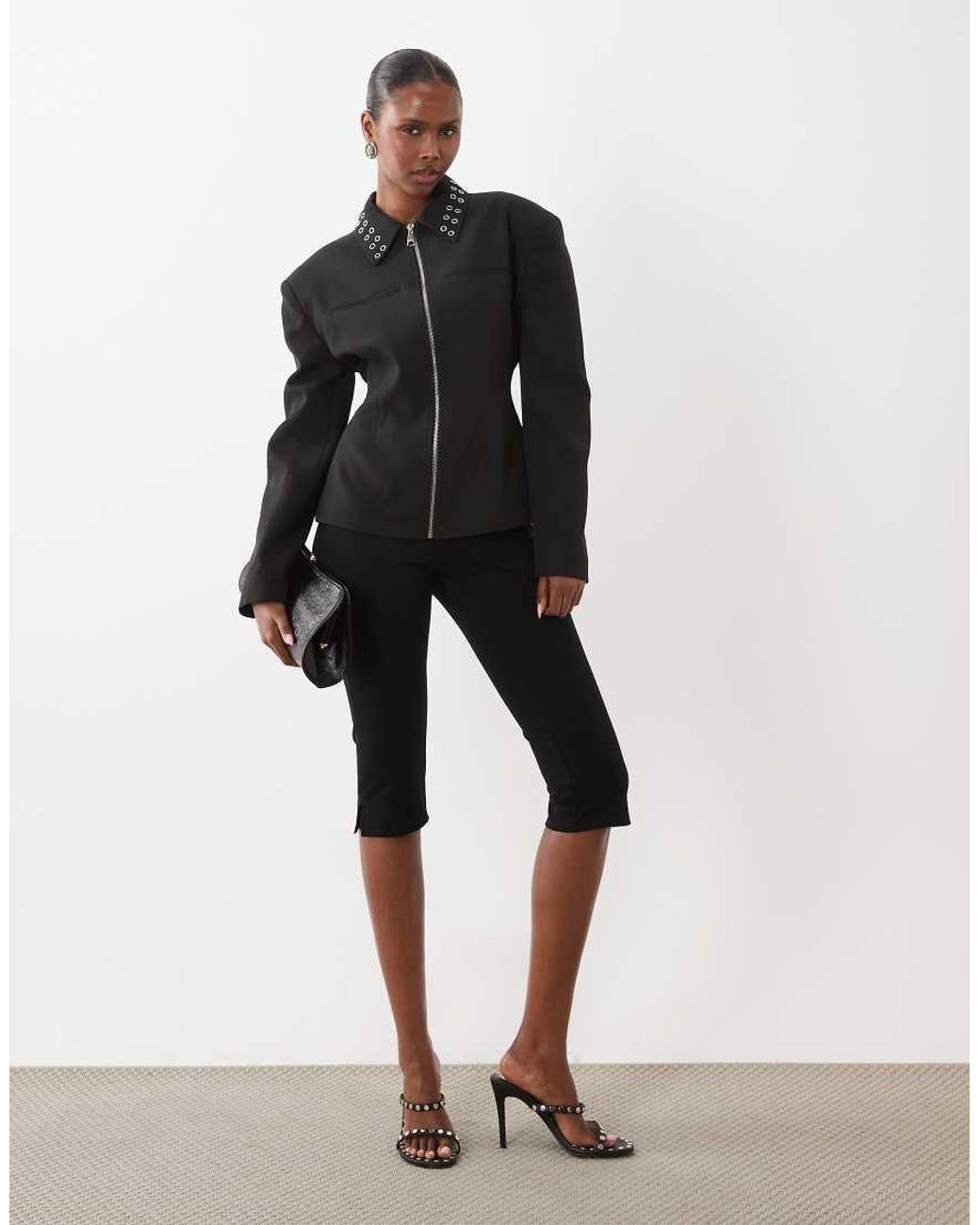 Kaiia Black Exclusive Fitted Cinch Waist Eyelet Collar Detail Shoulder Pad Jacket