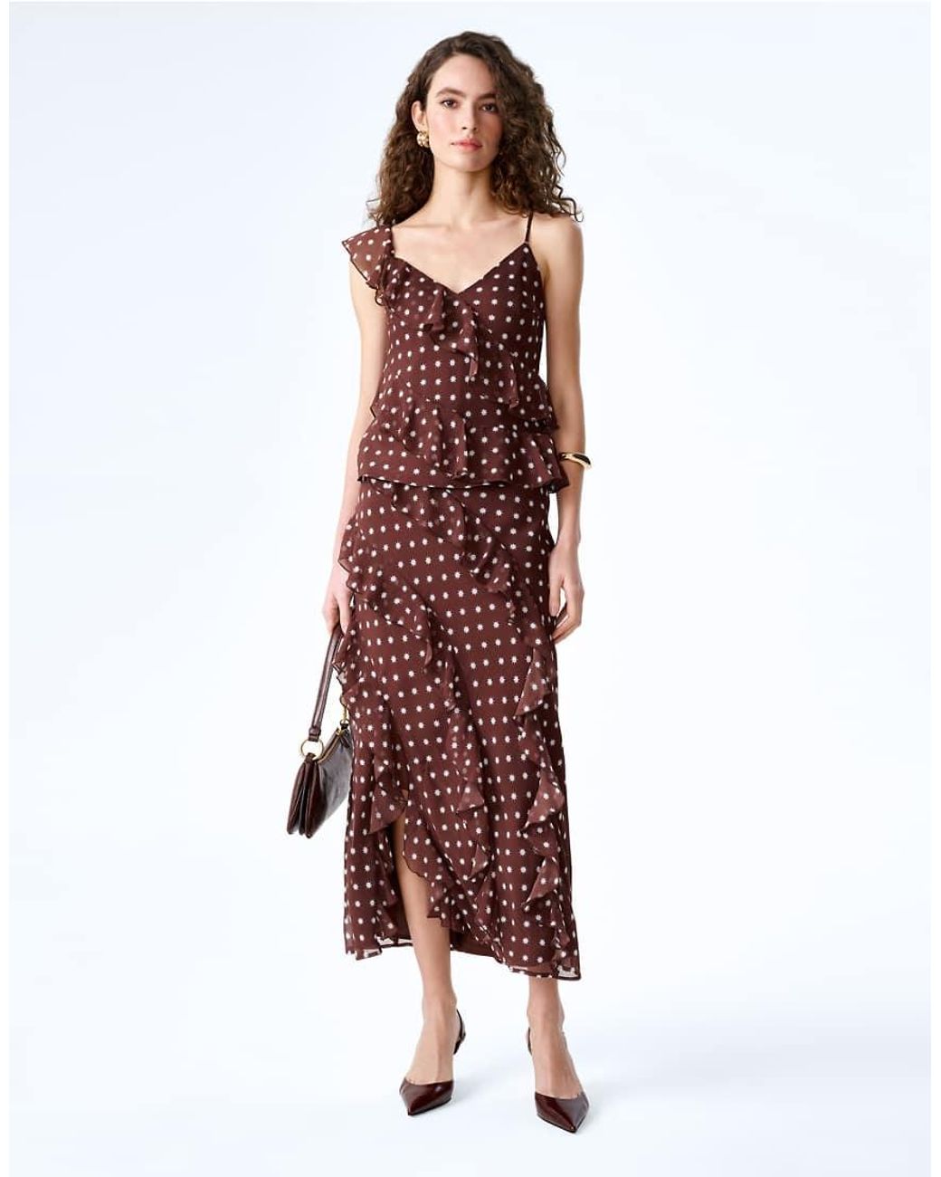 OMNES Red Tops Francie Chiffon Cami Top With Asymmetric Ruffles