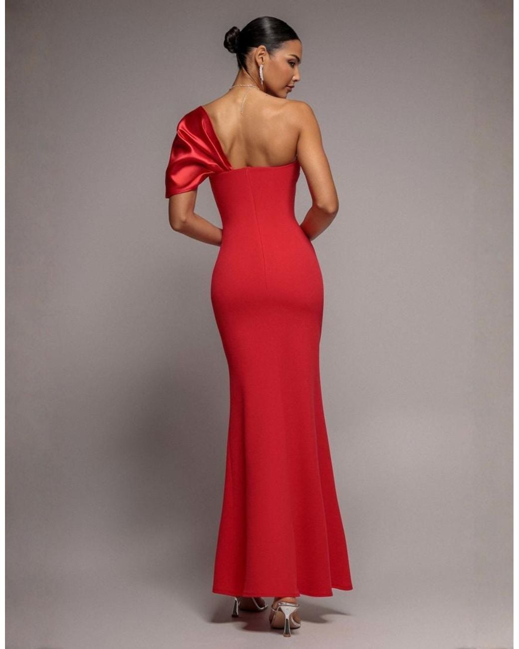 Goddiva Red Off The Shoulder Satin Bow Neck Maxi Dress