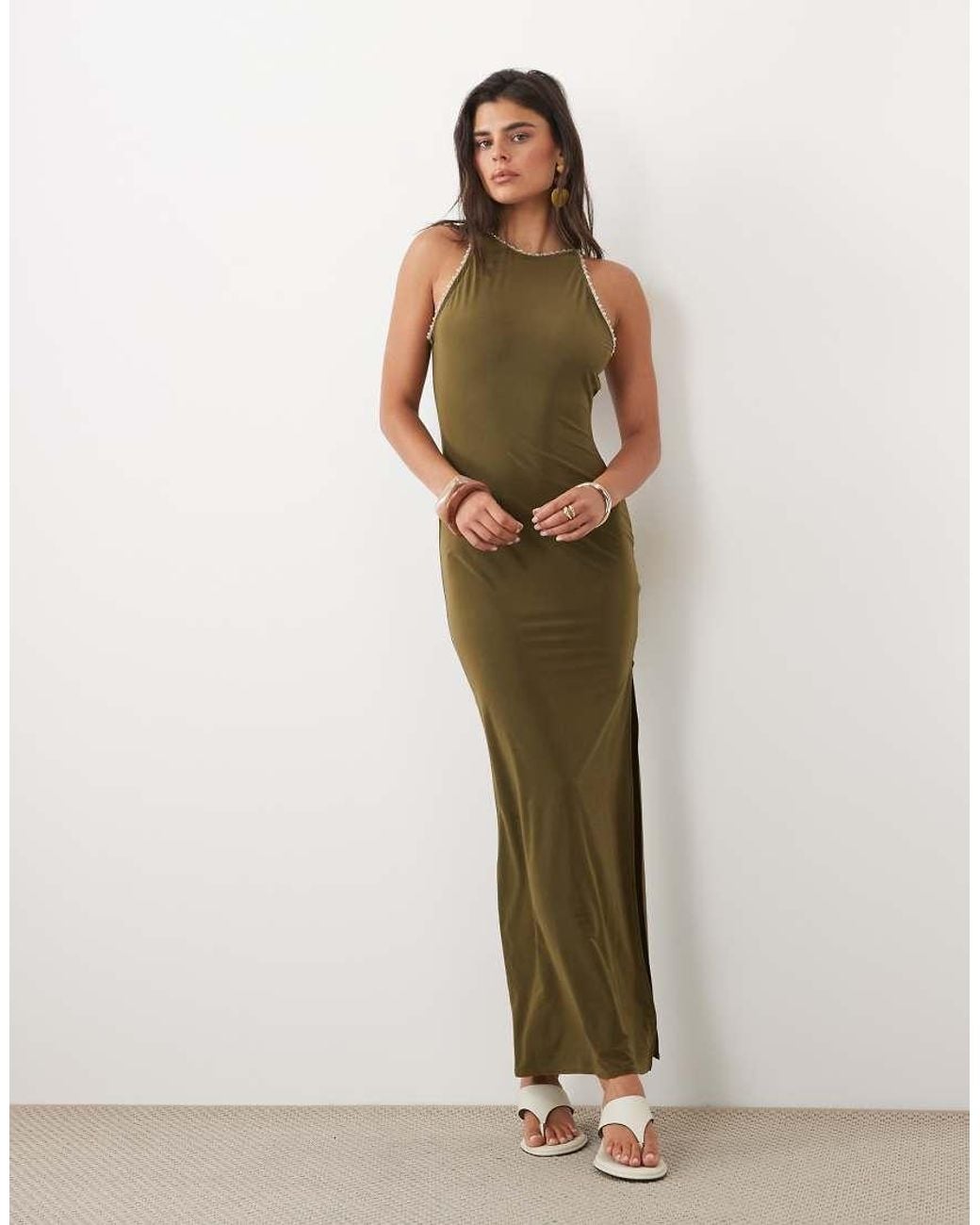 ASOS Green Racer Neck Maxi Dress With Trim Detailing
