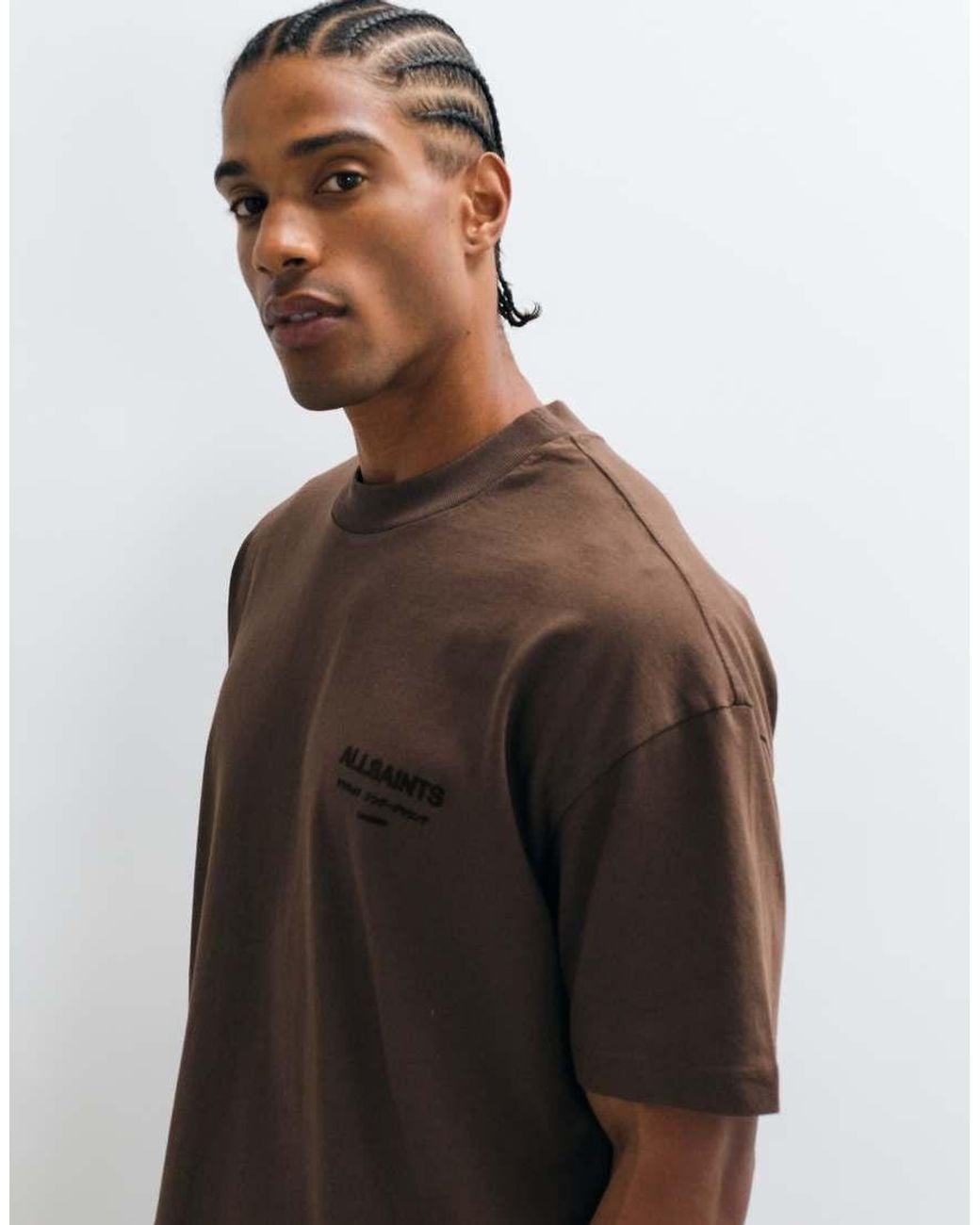 AllSaints Brown Xander Short Sleeve Flocked Graphic Logo T-shirt for men