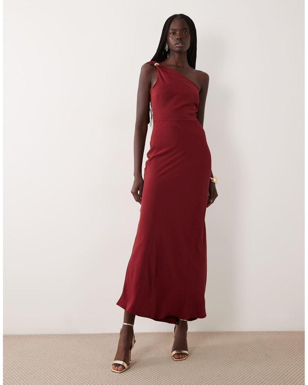 Jdy Red One Shoulder Maxi Dress With Gold Trim
