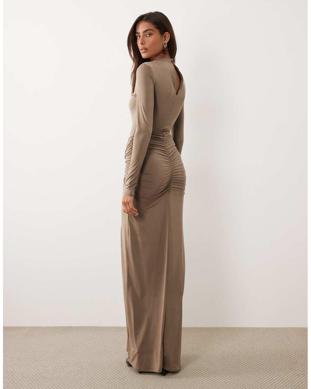 ASOS Natural Slinky High Neck Maxi Dress With Waist Detail