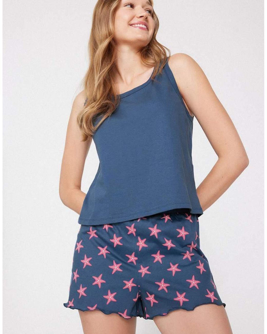 Tezenis Blue Printed Cotton Shorts With Rolled Hem