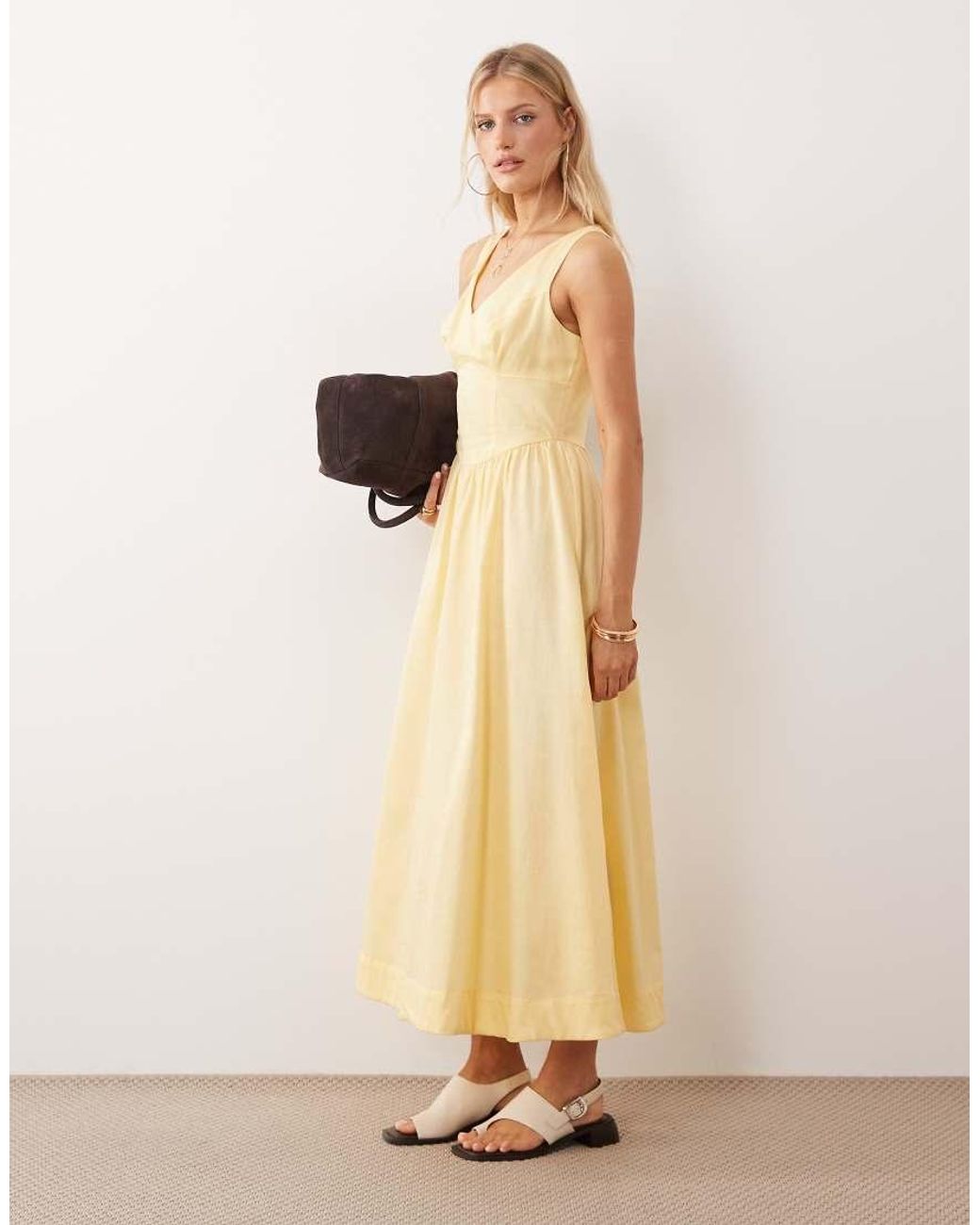 ASOS Natural Waisted V Neck Maxi Dress With Seaming Details