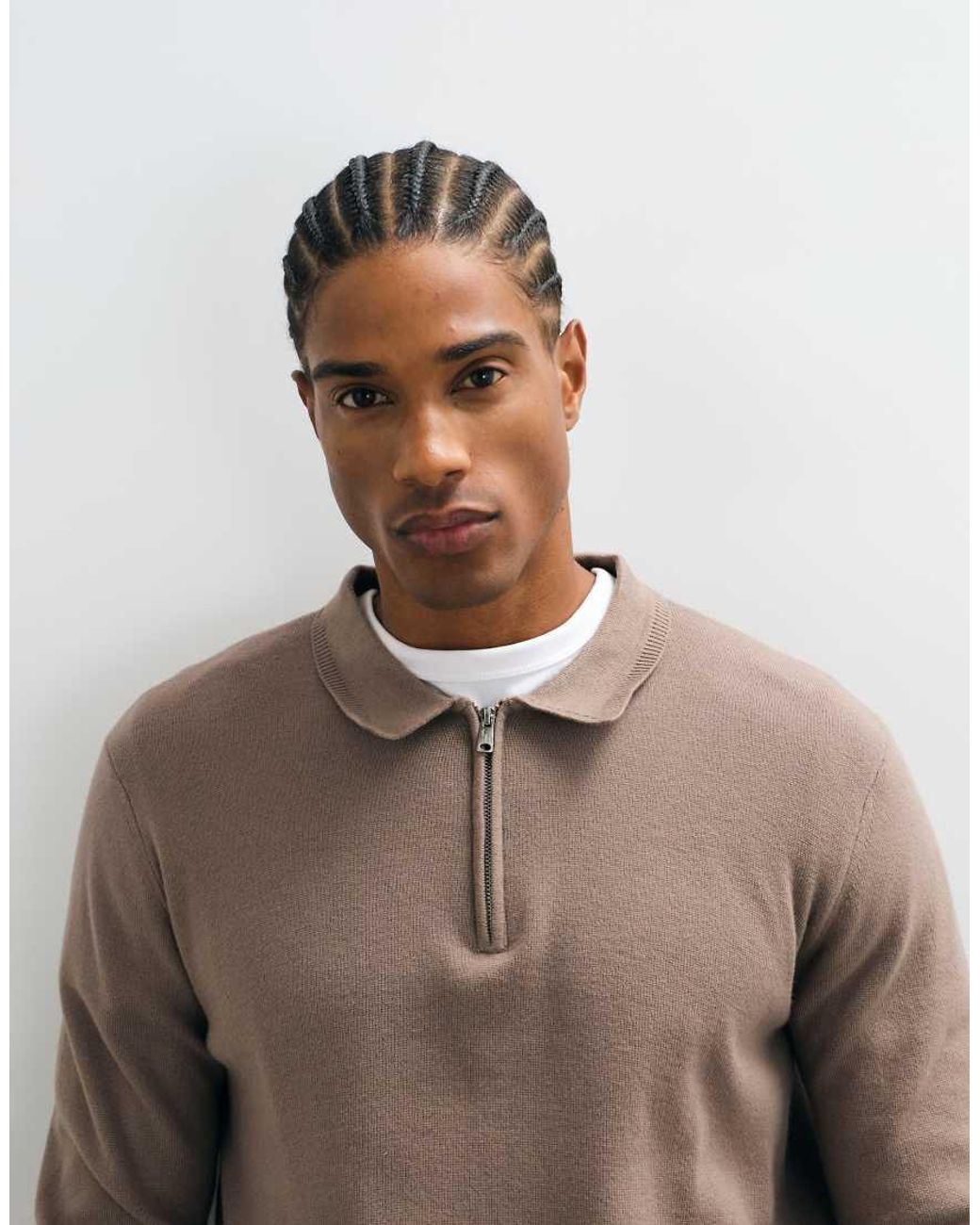 Threadbare Natural 1/4 Zip Knitted Polo for men
