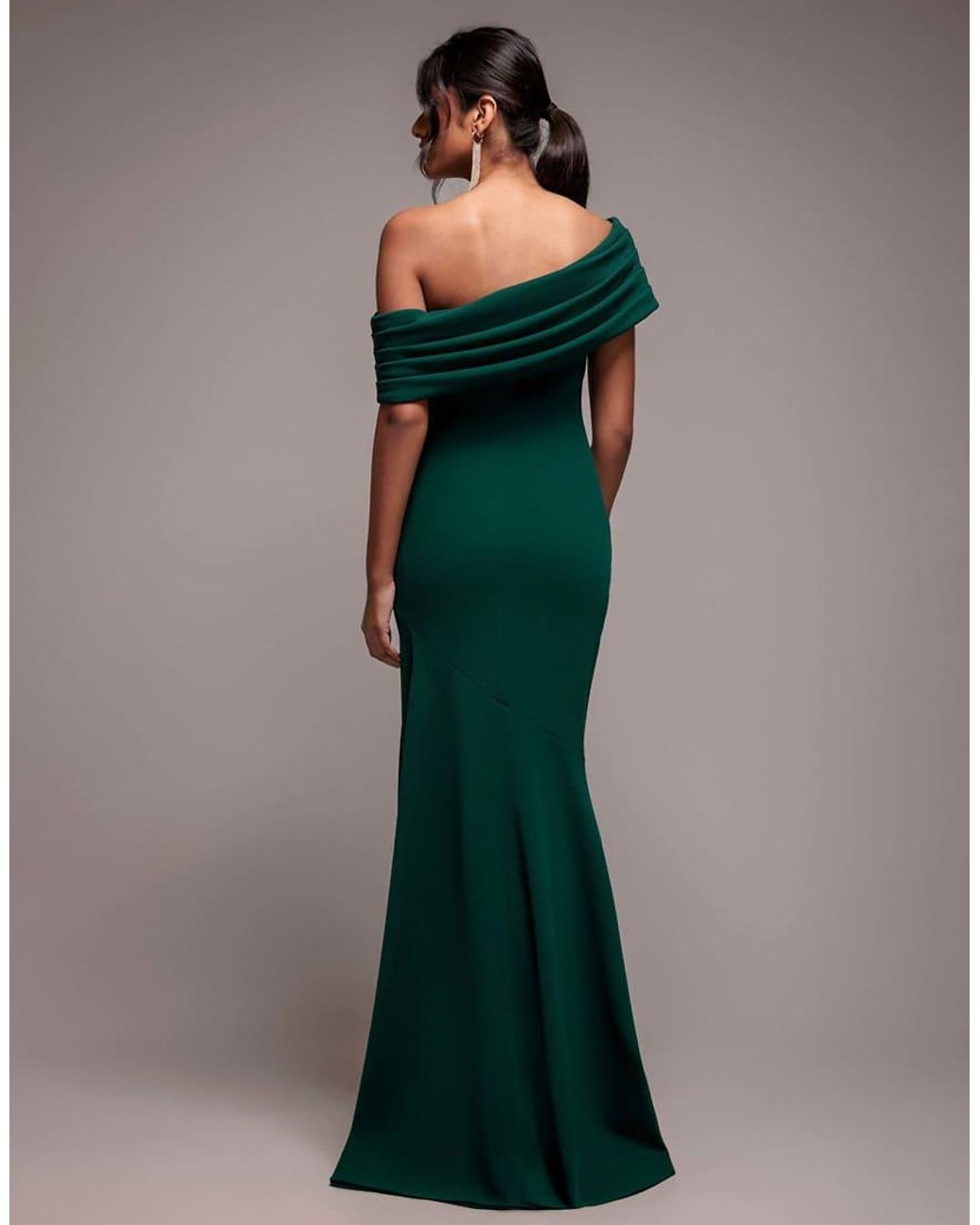 Goddiva Green Pleated One Shoulder Bardot Fit And Flare Maxi Dress
