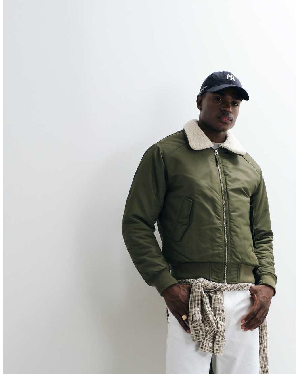 Blend Green Bomber Jacket With Contrast Collar for men
