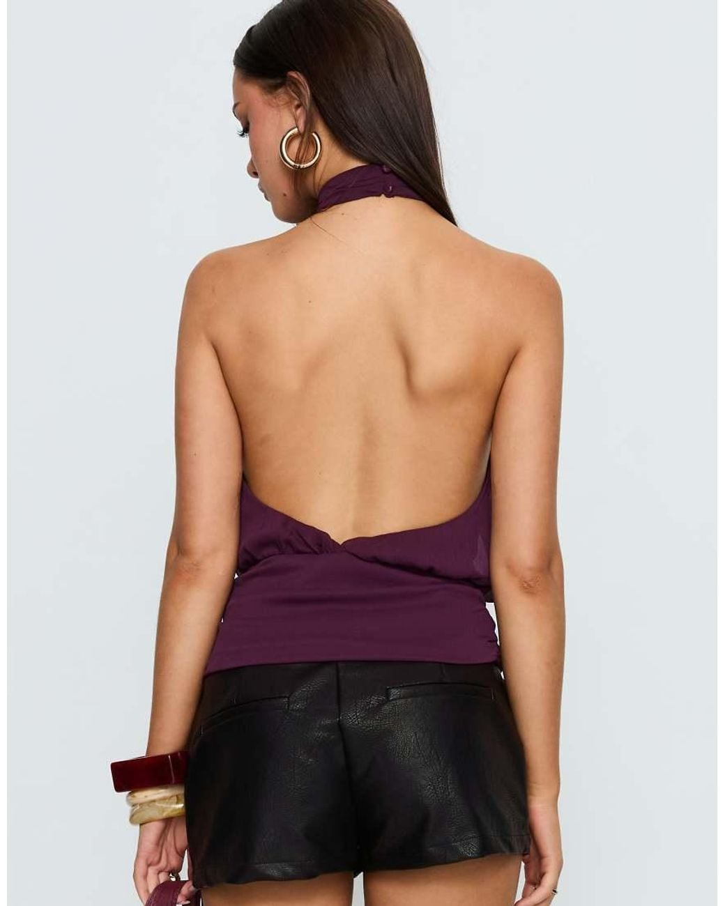 Princess Polly Purple Faythe High Neck Foldover Detail Tie Waist Detail Open Back Top