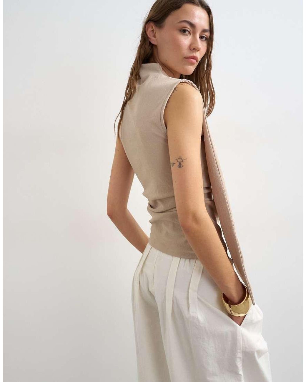 TOPSHOP White Cinch Waist Scarf Detail Top