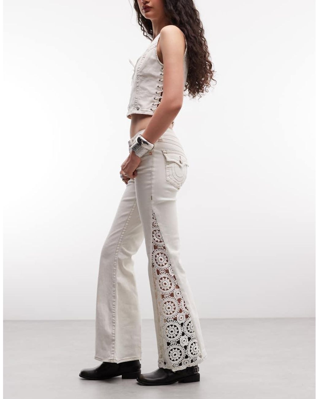 True Religion White Mid Rise Crochet Detail Flare Jeans