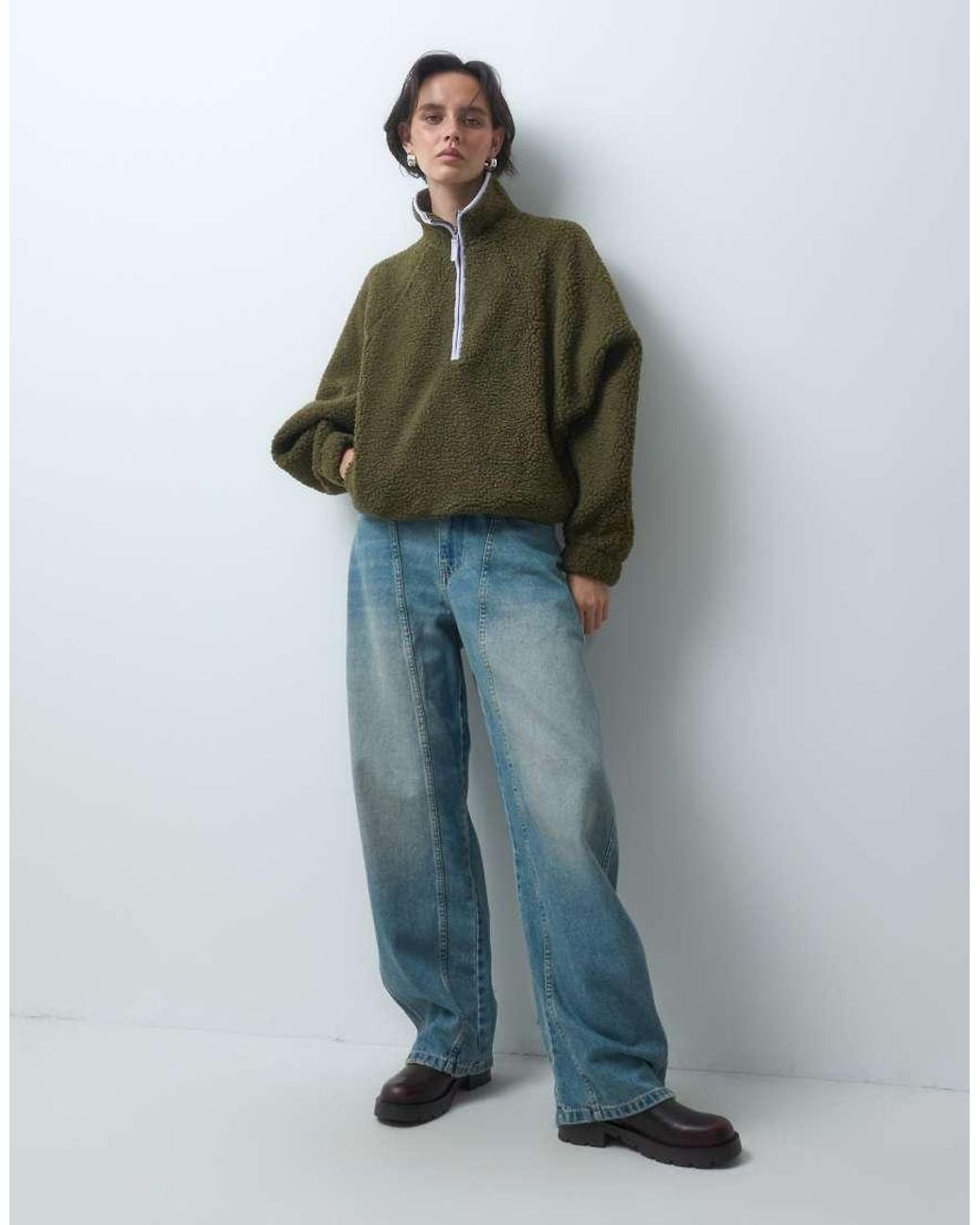 ASOS Green Borg Half Zip With Contrast Binding