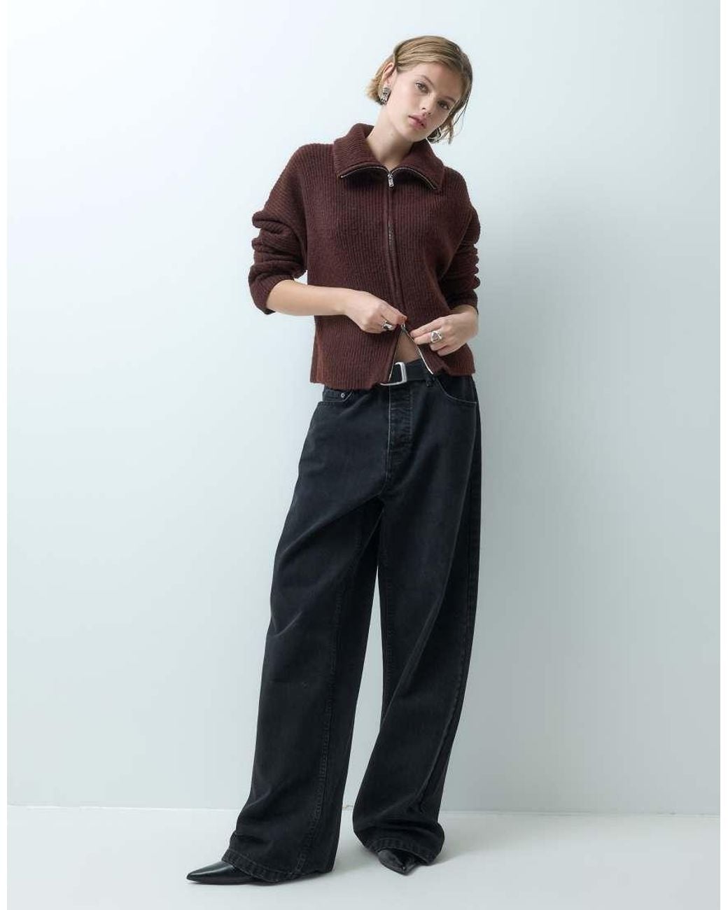 Miss Selfridge Brown Chunky Rib Knit Zip Batwing Cardigan