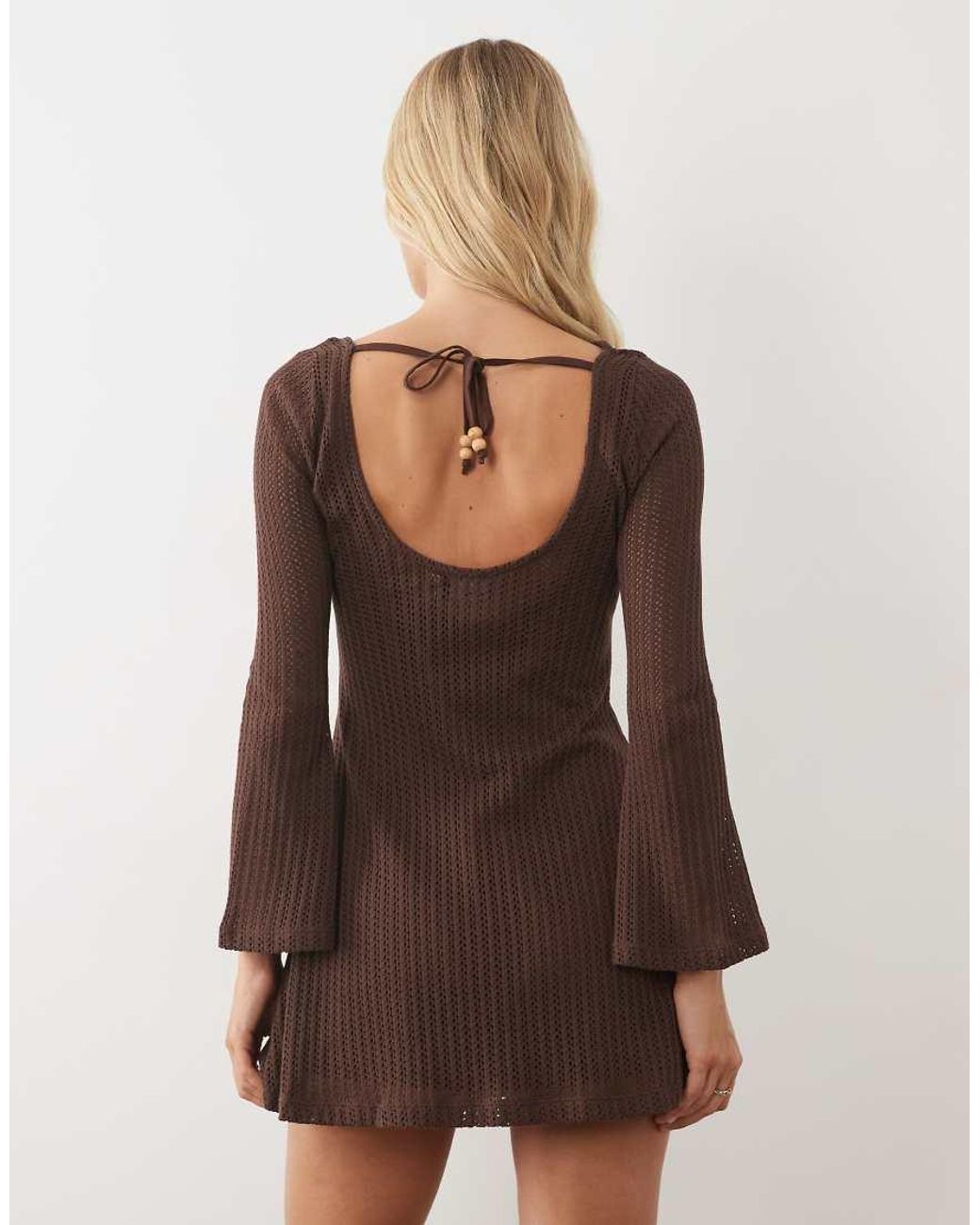 ASOS Brown Crochet Jersey Long Angel Sleeve Mini Dress