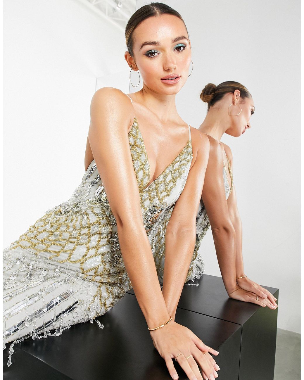 ASOS Crystal Fringe Cami Midi Dress in Metallic | Lyst UK