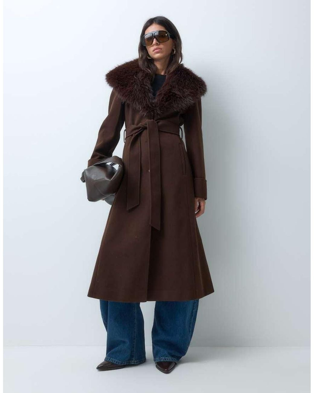 Miss Selfridge Brown Formal Wrap Coat With Fur Collar