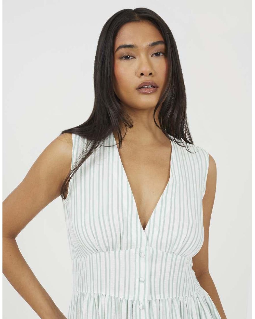 Brave Soul White Stripe Sleeveless Mini Dress With Button Details