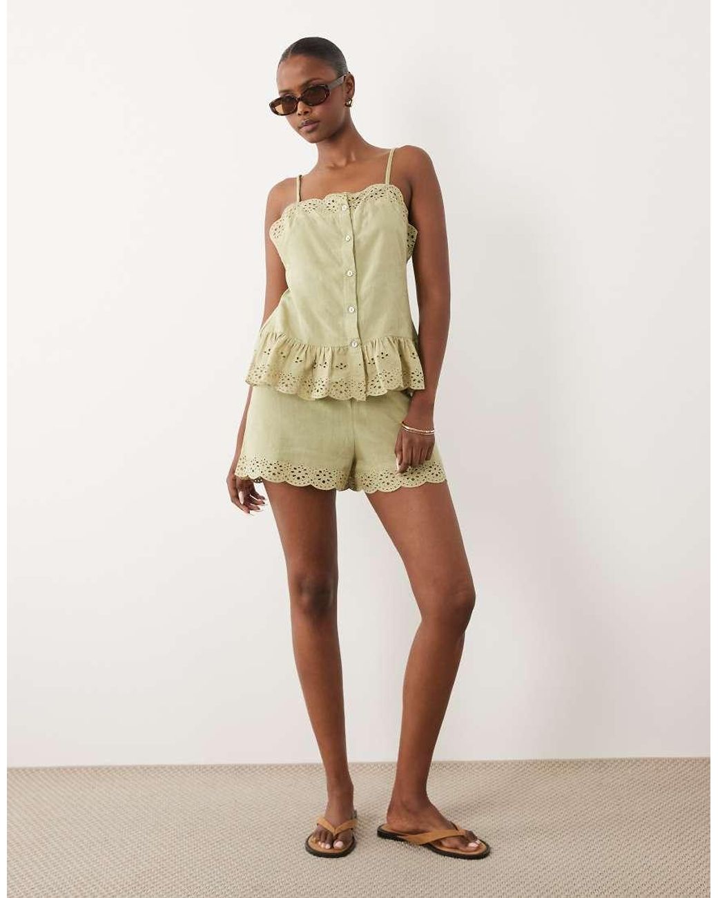 Wednesday's Girl Green Wednesdays Girl Co-ord Ruffle Edged Button Up Cami Top