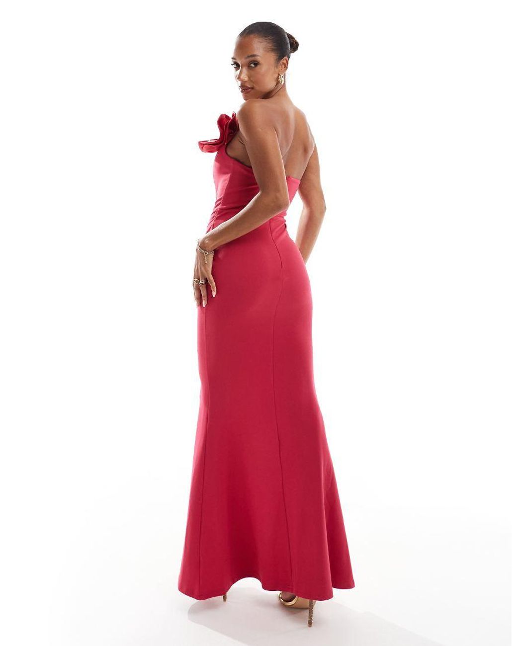 Goddiva Red Satin Corsage Crepe Maxi Dress