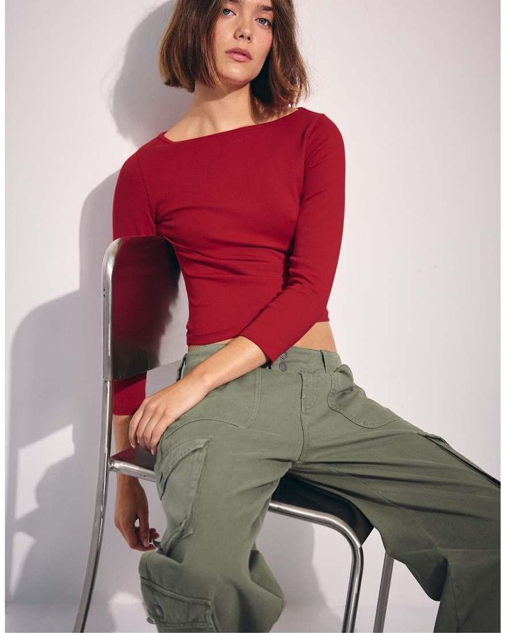 Stradivarius Red Boat Neck 3/4 Sleeve T-shirt