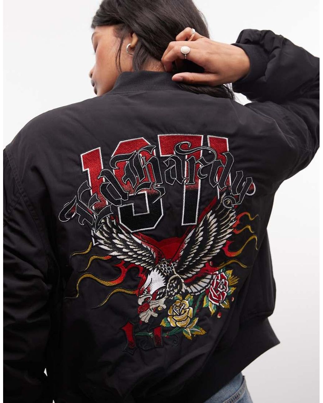 Ed Hardy Black Gothic Flaming Eagle Ruched Sleeve Bomber Jacker
