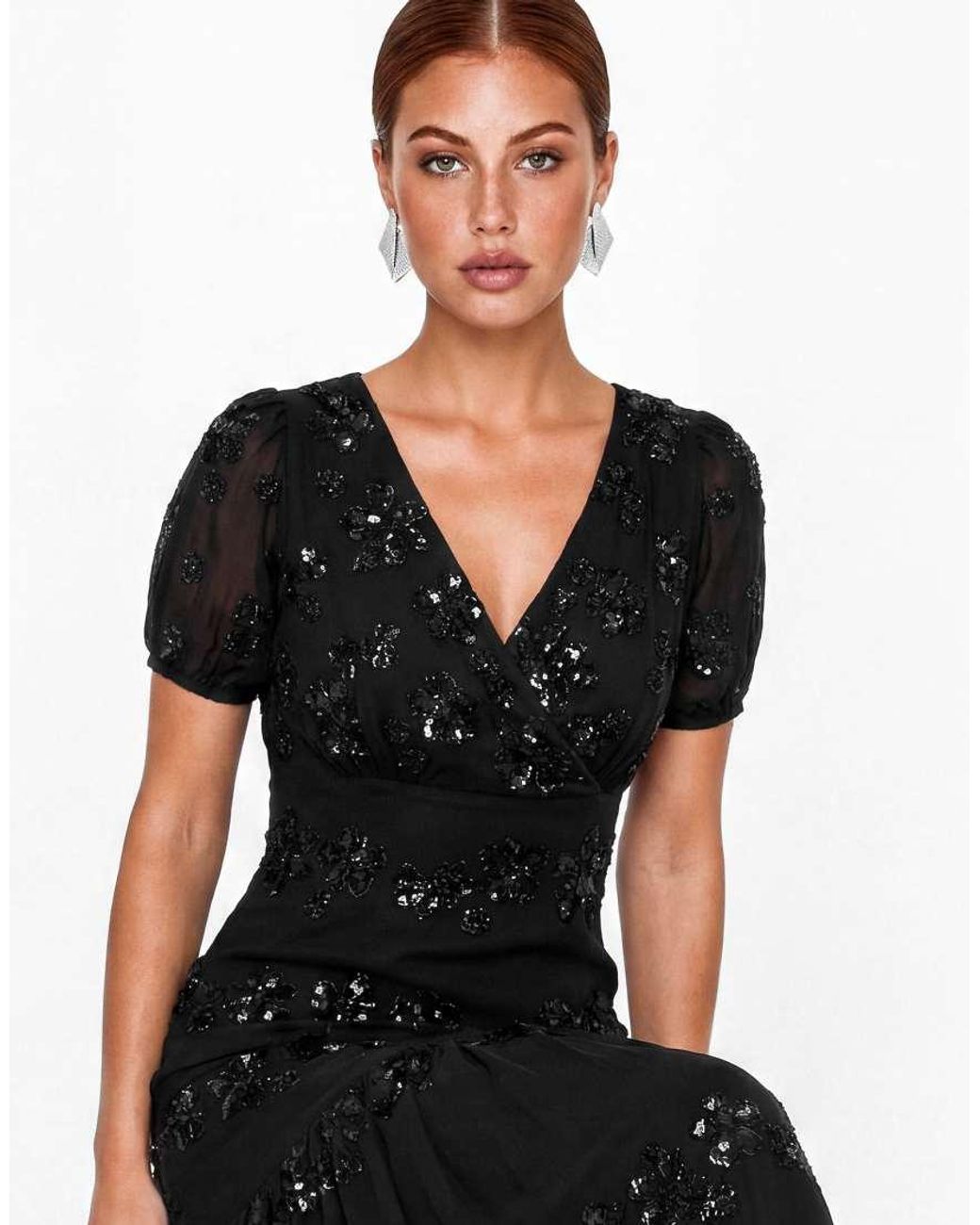 Maya Black Embellished Short Sleeve Maxi Dress