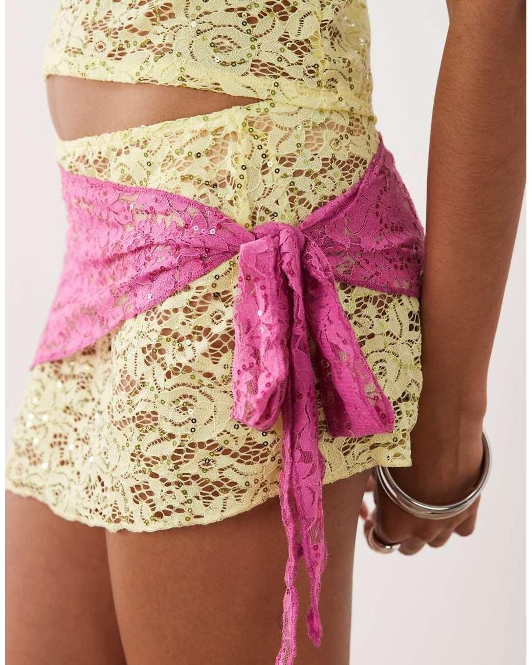 Motel Pink Sirna Lace Mini Skirt With Removable Belt