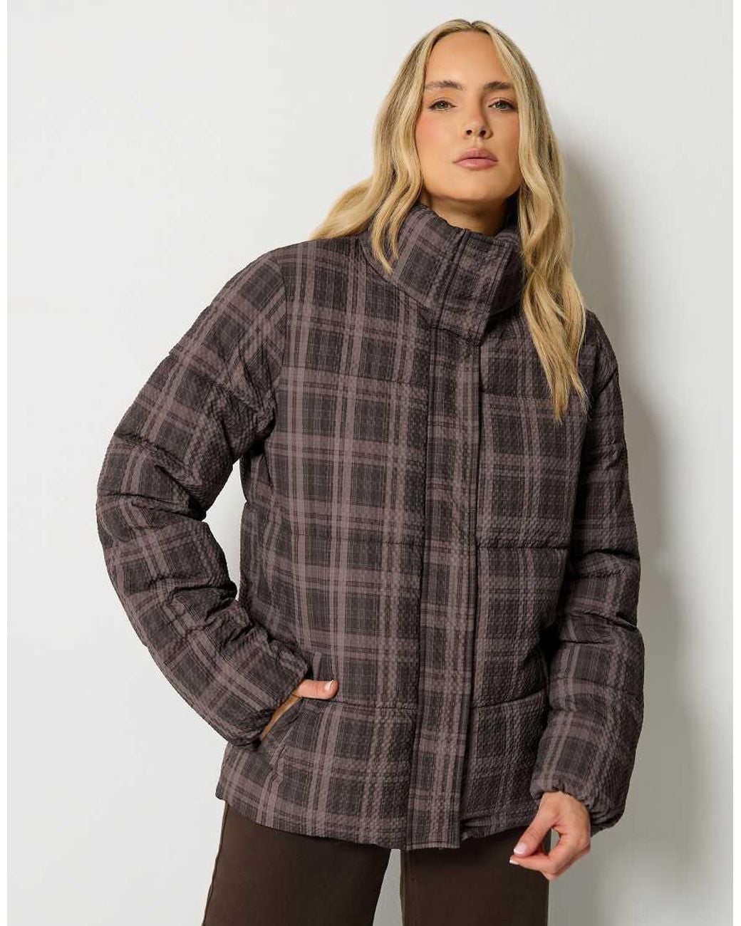 Long Tall Sally Brown Check Crinkle Padded Coat