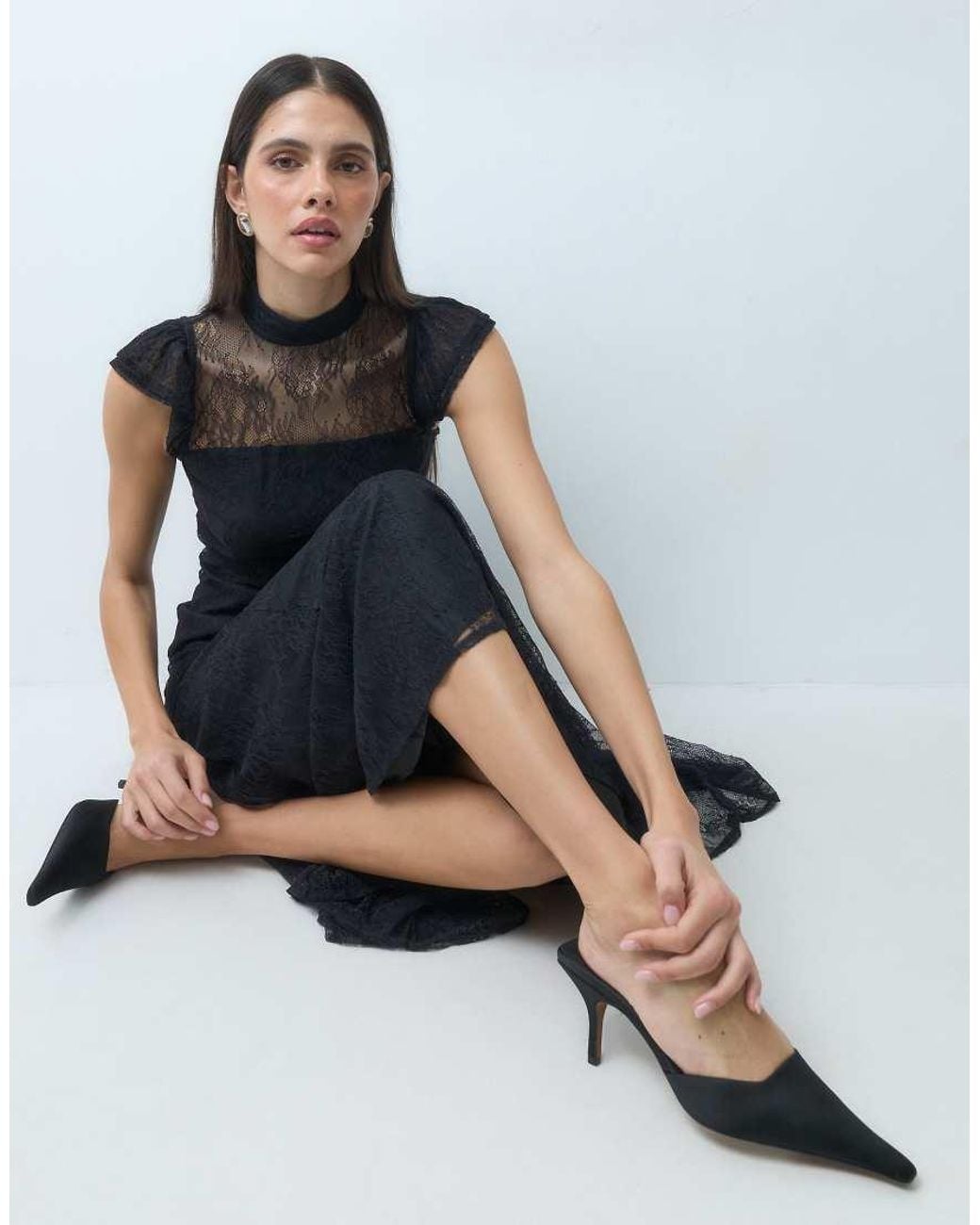 Nobody's Child Blue Katell Lace Overlay High Neck Cap Sleeve Midi Dress
