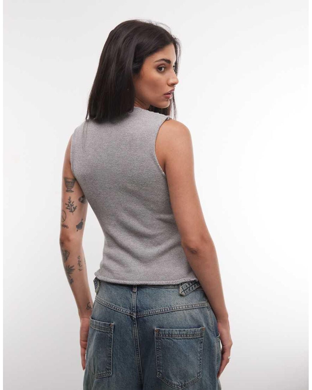 Collusion Gray Slash Neck Knit Tank Top With Side Button Detail