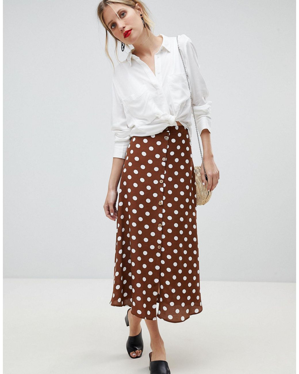 Mango Polka Dot Midi Skirt in Brown | Lyst UK