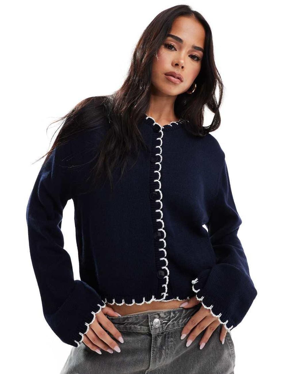 Miss Selfridge Blue Blanket Stitch Cardigan
