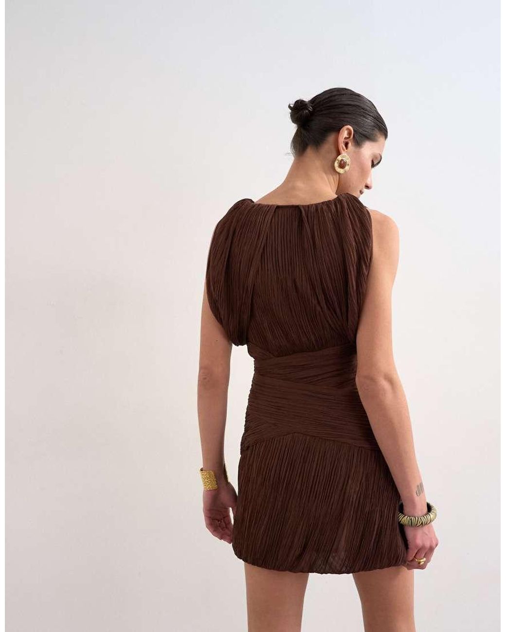 TOPSHOP Brown Sculptural Drape Mini Dress