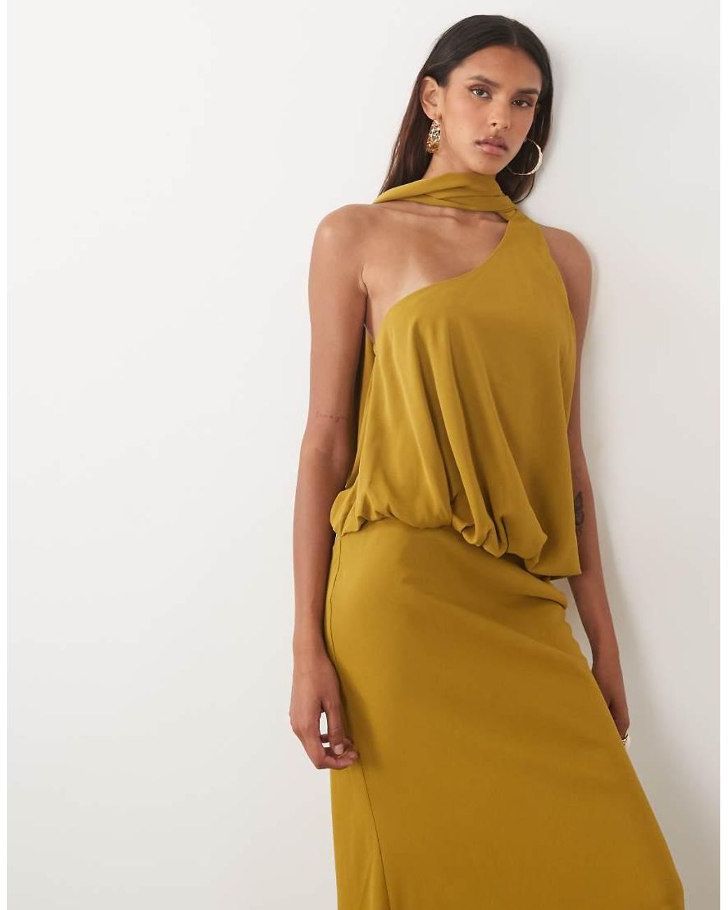 ASOS Metallic Asos Design Tall One Shoulder With Tie Neck Maxi Dress