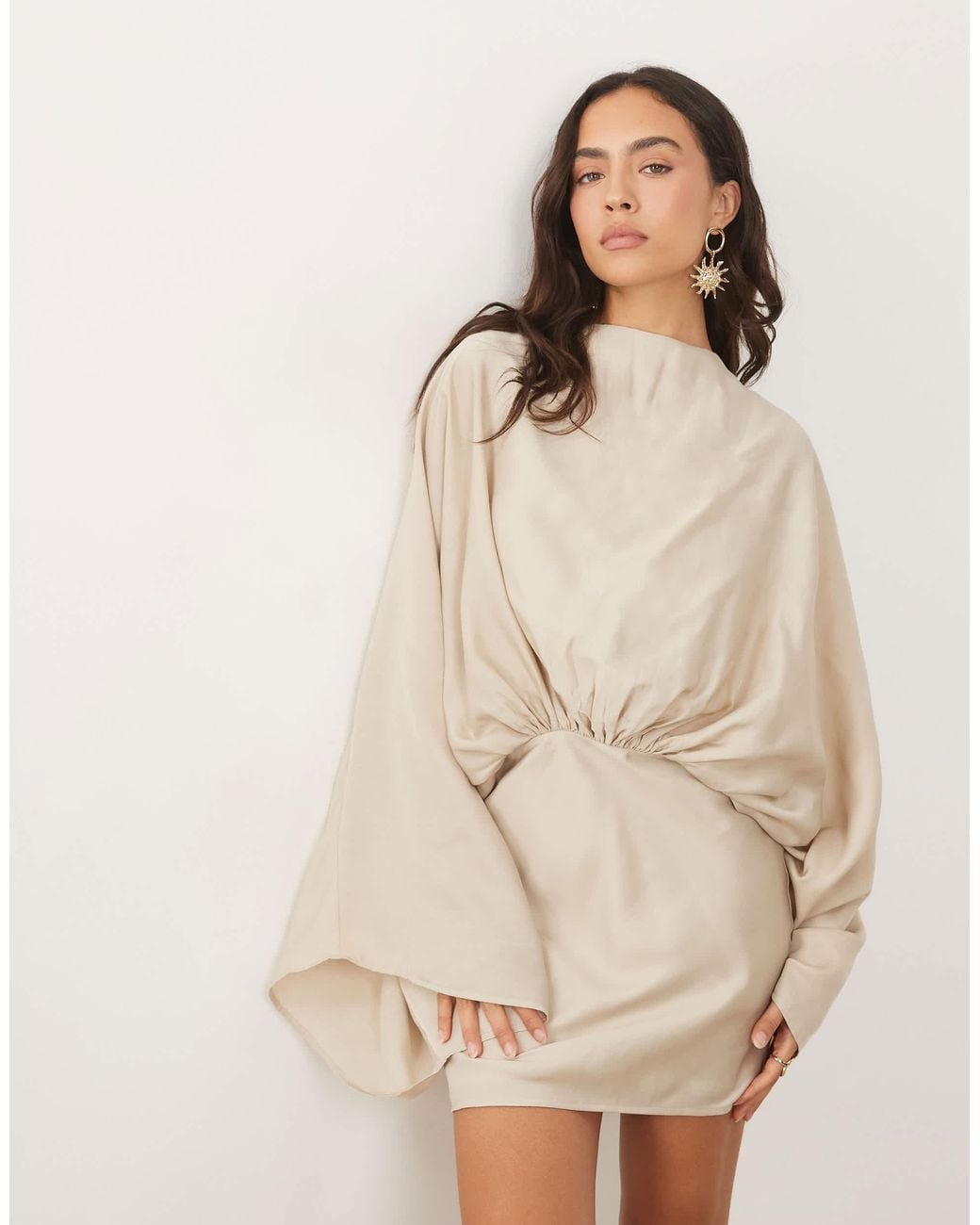 ASOS Cape Sleeve Open Back Mini Dress With Tassels in Natural | Lyst