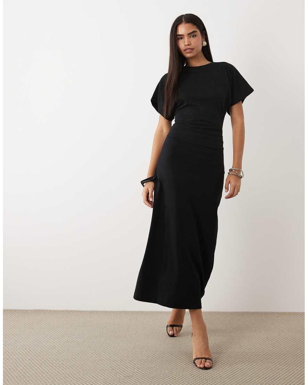 ASOS Black Ruched Waist Midi T-shirt Dress