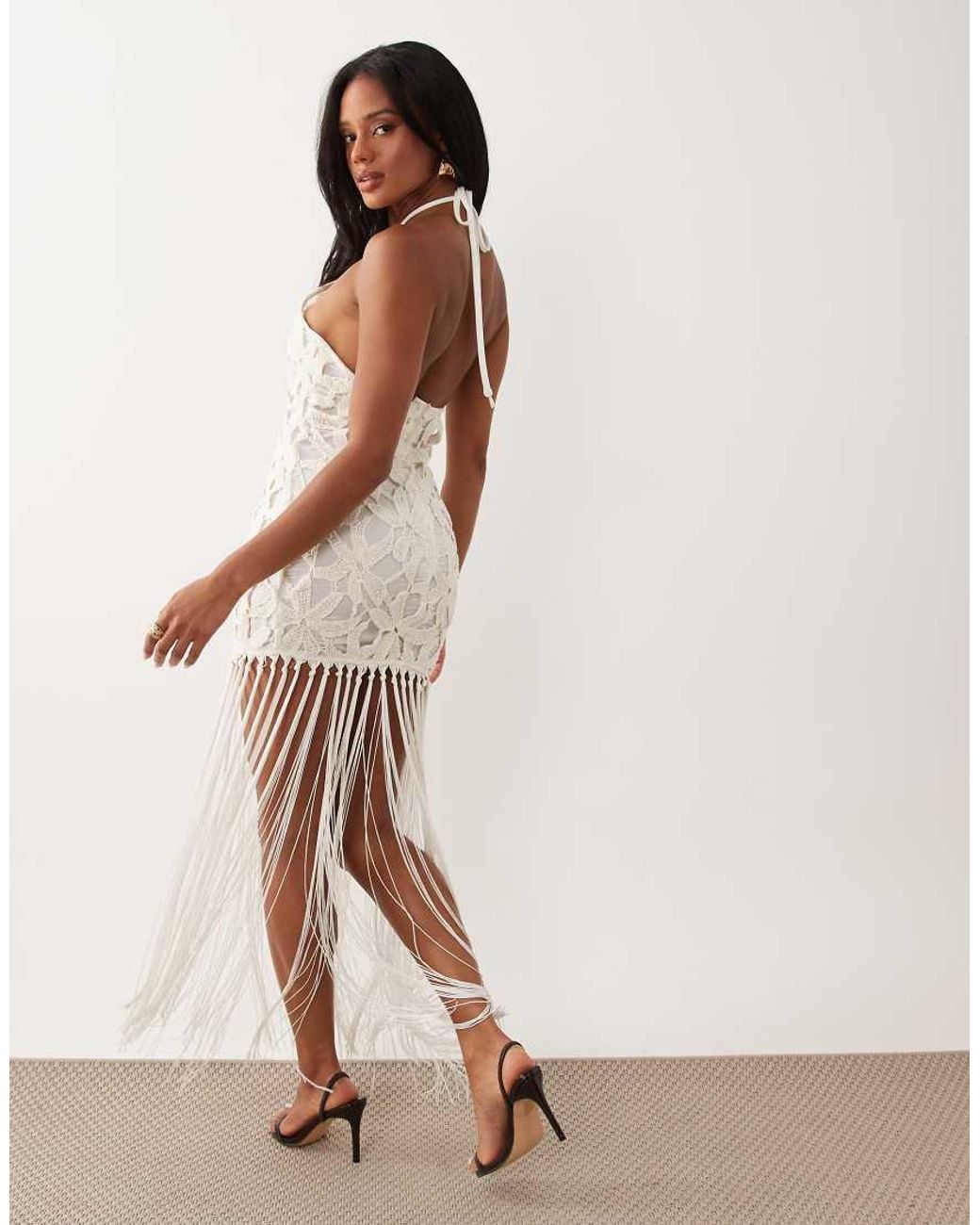 Missy Empire White Crochet Flower Overlay Halterneck Fringe Hem Maxi Dress