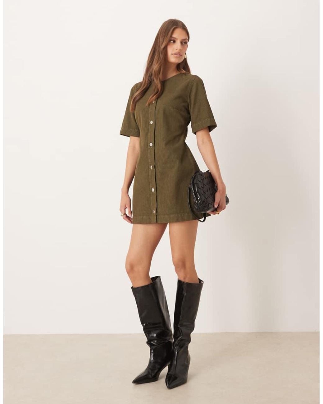 ASOS Green Cord High V Neck Mini Dress
